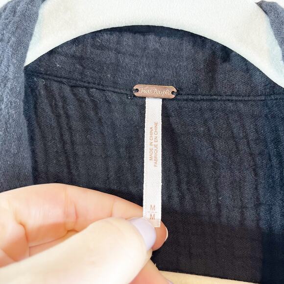 Free People Sun Streaks Long Sleeve Gauzy Cotton Button Up Shirt Black Medium - Picture 3 of 7